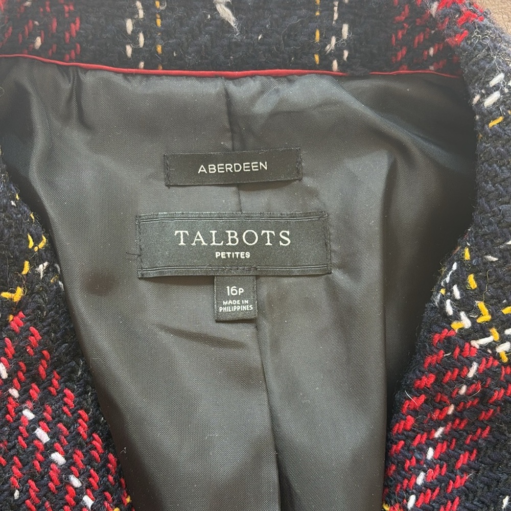 Talbots Aberdeen Tweed Wool Plaid Blazer Blazer Navy Red White Size 16P - Picture 3 of 9